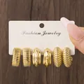 Set of three pairs of textured gold C-shaped earrings for women's fashion jewelry - Twisted Texture Collection (TZ031) / 3 Pairs Set / Gold