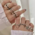Vintage S925 sterling silver ring set featuring heart charms and chain link designs for women - Adjustable Open / Vintage Silver (J238)