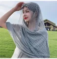 Detail of breathable gray cotton linen shawl featuring elegant white lace border trim - 180*90cm / Blue