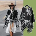Retro ethnic style black and white knit poncho cape shawl with tassels for women - Cloud Pattern Black White / 130-150cm