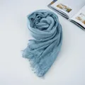 Soft light blue retro pleated cotton linen scarf for women with elegant fringe edges - Denim Blue / 90-180cm