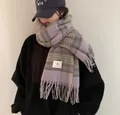 Kuscheliger lila-grau karierter Mohair-Schal für Damen, dicker und warmer Winterschal - Langer Stil / Violett Farbbloock