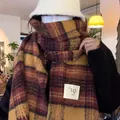 Thick Maillard plaid mohair scarf with fuzzy texture in warm brown and red tones - Long / Ginger Patchwork