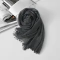 Dark grey pleated cotton linen scarf with frayed edges for a vintage look - Black / 90-180cm