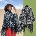 Retro ethnic style leopard print poncho shawl with tassels for winter travel photography - Black and White