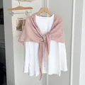 Soft elegant solid pink knitted shawl scarf paired with white long-sleeved shirt - Pink