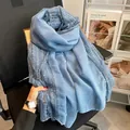 Elegant blue linen and cotton blend scarf with delicate white lace trim for women - 110-190cm / Blue