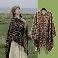 Vintage leopard print shawl wrap with tassels for women's autumn winter fashion accessory - Camel