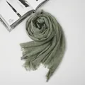 Solid sage green crinkled cotton linen scarf with frayed edges for spring autumn - Matcha Green / 90-180cm