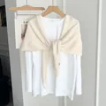 Minimalist cream-colored knitted triangle shawl for women, soft solid color autumn wrap - White