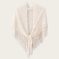 Eleganter cremefarbener Strickschal mit Lochmuster und Fransen, Vintage-Dreieckstuch - Fransen Beige