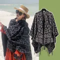 Retro leopard print imitation cashmere shawl poncho with fringe trim - Black and Gray