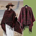 Red and black leopard print fringe poncho scarf wrapping - Burgundy
