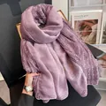 Elegant purple linen cotton scarf with delicate white lace patchwork trim for women - 110-190cm / Purple