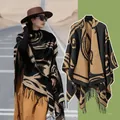 Vintage ethnic style knit poncho shawl with black and camel pattern and fringes - Cloud Pattern Black Camel / 130-150cm