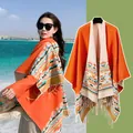 Ethnic retro orange shawl poncho with geometric patterns and tassels for women's winter - Orange / 130-150cm