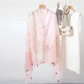Elegant pink ethnic shawl with retro frog buttons and tassels for beach sun protection - Pink Floral