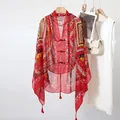 Ethnic style red shawl with traditional buttons and tassels for holiday beach wear - Red Geometric Ethnic Style