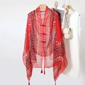 Red ethnic style shawl with retro buttons and tassels for women's vacation wear - Red Ethnic Pattern