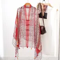 Lightweight vintage ethnic style red patterned shawl with traditional frog buttons - Red Geometric Ethnic
