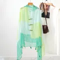 Ethnic green and yellow patterned shawl with retro frog buttons for beach vacation. - Yellow Green Check