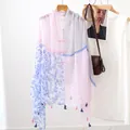 Ethnic floral shawl with retro toggle buttons and tassels beach cover-up scarf - Blue Pink Floral