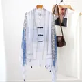 Ethnic white shawl with blue floral patterns and traditional frog buttons cover-up - Blue Gray Paisley