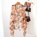 Ethnic floral print chiffon shawl featuring retro frog buttons and decorative tassels - Ink Flower