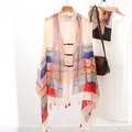 Vintage ethnic style lightweight shawl with traditional frog buttons and colorful prints. - Striped Multicolor Block