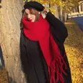 Stylish oversized red mohair-like fringe scarf for women providing winter warmth and comfort - 40-230cm / Bright Red