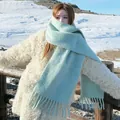 Cozy light blue mohair-like thick scarf with tassels for warm autumn winter style - 40-230cm / Mohair Light Green