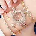 Eleganter roségoldener Damen-Quarzuhrensatz mit passendem 3-teiligen Armbandset - Set 3 (Uhr und Armband Kombination) / Roségold