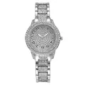 Detailed view of silver-toned women's quartz watch fully covered in sparkly rhinestones - A12 Style Single Watch / Silver