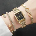 Elegant gold square quartz watch set featuring infinity and heart motif charm bracelets - Square Dial Jewelry Set / 4 Piece Set (No Box) / Gold Black