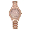 Detailed view of rose gold ladies quartz watch fully encrusted with rhinestones. - A12 Style Single Watch / Rose Gold