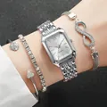 Close-up detail of silver square quartz watch with infinity and heart bracelets set - Square Dial Jewelry Set / 4 Piece Set (No Box) / Silver White