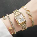 Elegant 4-piece set with a gold square quartz watch and three rhinestone bracelets - Square Dial Jewelry Set / 4 Piece Set (No Box) / Gold White