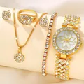 Elegant 5-piece gold-toned quartz watch and rhinestone jewelry gift set detail view - Single Row Square Style (A27)