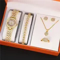 Detailed view of luxury gold 5-piece jewelry set with rhinestone watch and accessories - Windmill Gold Style / Without Box