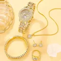 Elegant 5-piece women's gold jewelry set featuring rhinestone quartz watch and accessories - Three-Eye Double Row Square Style / Watch Jewelry Ensemble (No Box) / Gold