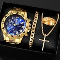 4-teiliges Luxus-Herrenuhren-Set in Gold mit Armband, Ring und Kreuzhalskette - Set / Ohne Box / Gold Blau + Gold Kreuz Set