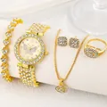 Close-up of gold-plated women's jewelry set with butterfly watch and rhinestones - Three-Diamond Square Style (A22)