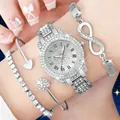 Elegante silberne Quarzuhr mit passendem Strass-Herz-Armband-Set für Damen - Set 2 (Uhr und Armband Kombination) / Silber