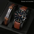 Nahaufnahme von Herrenuhren- und Armbandset in einer Displaybox mit feinen Details - Braunes Leder Skala Stil (T3508) / Uhr + Armband (Ohne Box)