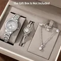 Close-up detail of silver rhinestone jewelry set with watch, necklace, and ring - Three-Eye Large Rhinestone Style / Watch Jewelry Ensemble (No Box) / Silver