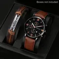 Modisches Herrenuhr und braunes Lederarmband Set mit eingravierter Believe Platte - Schwarzes Litschi Muster Uhr Armband Stil (T3509)