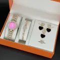 Elegant heart jewelry set with rhinestone watch and accessories in an orange box - A3 Pink Dial Style