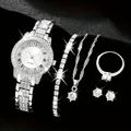 Elegant silver-tone rhinestone quartz watch set with matching necklace ring earrings - Single Row Square Style (A29)