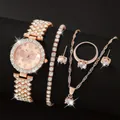 Detailed view of an elegant women's rose gold quartz watch and matching jewelry set - A22 Butterfly Single Row Rhinestone Set (Without Box) / Rose Gold