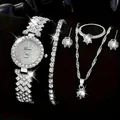 Luxury 5-piece women's quartz watch and rhinestone jewelry set with necklace and ring. - Single Row Square Style (A15)
